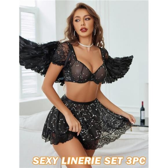 Women Sexy Mesh Top Lingerie Skirts 3 Piece Black star - Picture 4 of 6